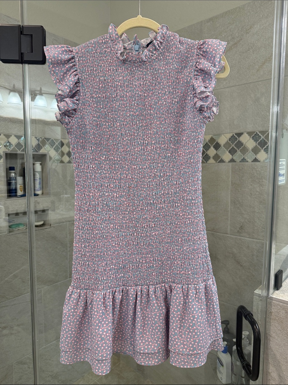 French Connection Pink Patterned Smocked Dress with Ruffles
